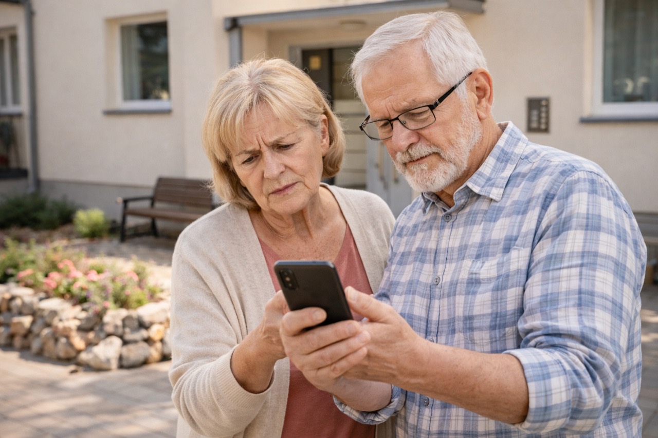 Seniorka z bliską osobą podczas niepokojącej rozmowy telefonicznej