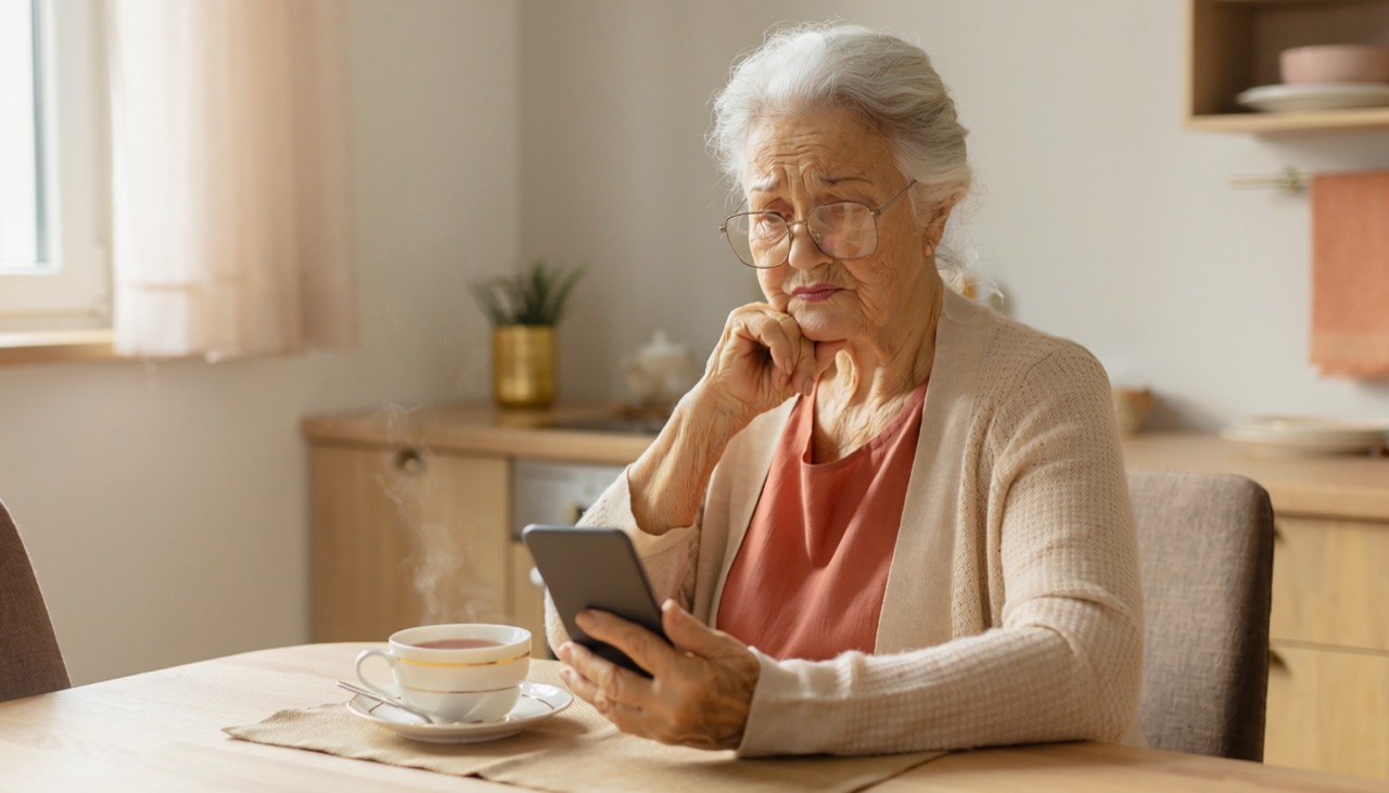 Seniorka czytająca podejrzaną wiadomość na telefonie
