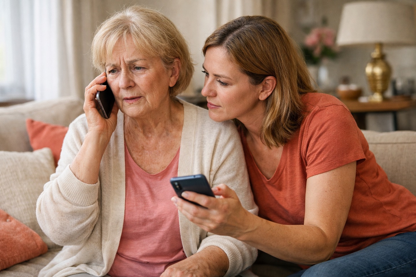 Seniorka analizująca podejrzaną wiadomość na telefonie